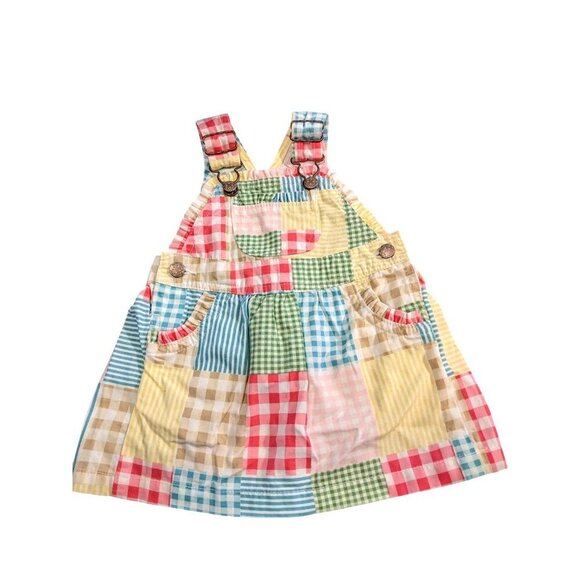 Vintage Osh Kosh Jumper Dress Patchwork Overall Bib Front Baby Girls Size 9m - Picture 1 of 5